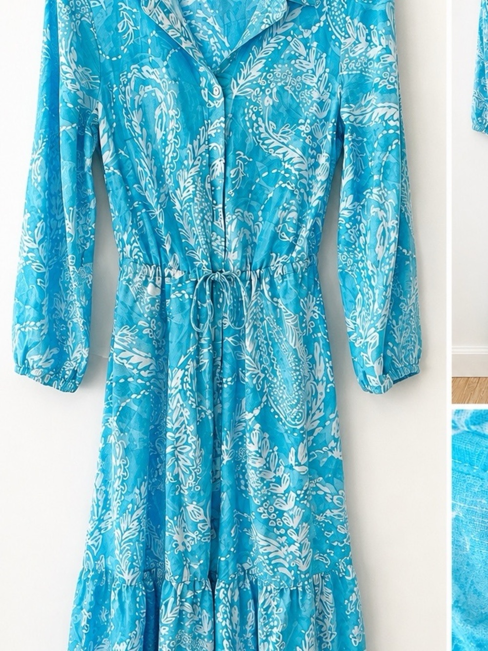 Talbots Turquoise Blue Printed Long-Sleeve Midi Dress